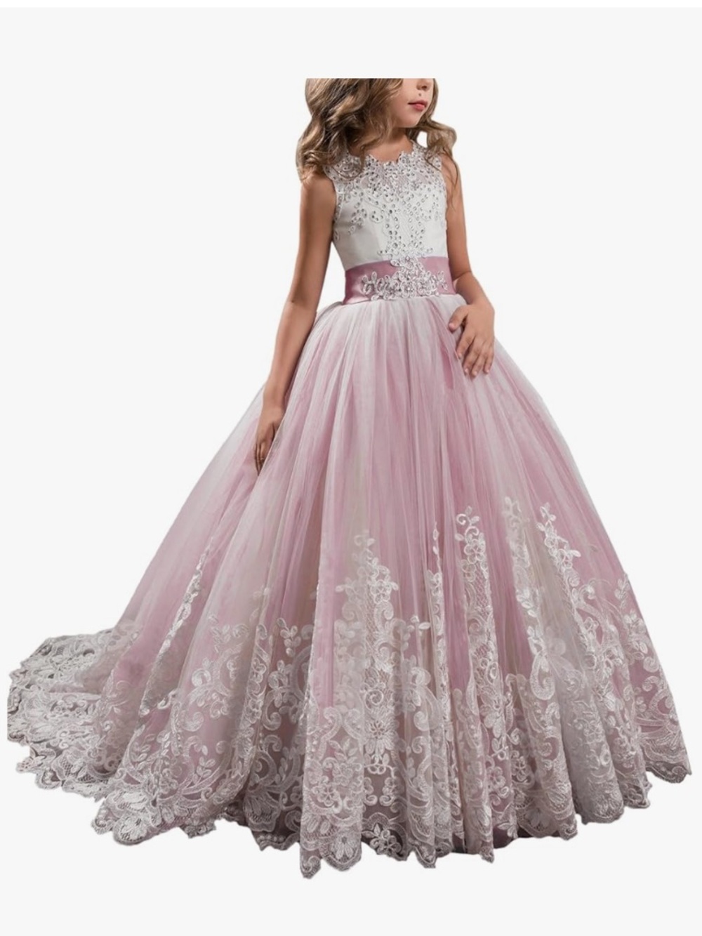 Girls' Pink and White Tulle Embroidered Party Dress.  Pageant gown, flower girl.